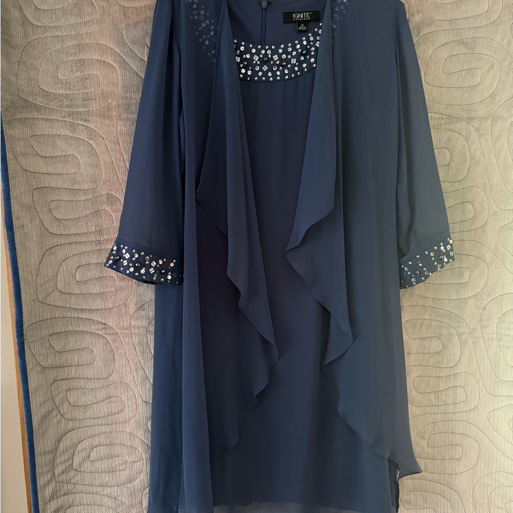 Blue Midi Dress with Collar and Sleeve Embellished Details